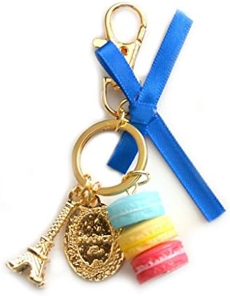 Blue Gold Jeweled Rhinestone Paris Eiffel Tower Macaron Cookie Charm Pendant Key Chain Ring Gift Stocking Stuffer