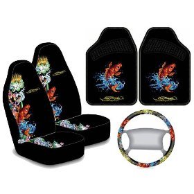Ed Hardy Koi Fish Design Auto Accessories Interior Package - Front Floor Mats, Seat Covers & Steering Wheel Cover