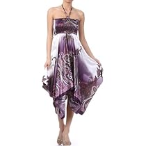 Paisley Design Satin Feel Beaded Halter Smocked Bodice Handkerchief Hem Dress