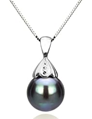 14k White Gold 9-10mm Perfect Round Hand-pick Genuine Black South Sea Tahitian Pearl Pendant 16" Box Chain Necklace AAA Quality.