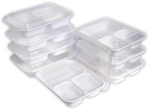 3 Compartment Microwavable Food Container Bento Box with Lid - Microwave Safe White (10 Pack)