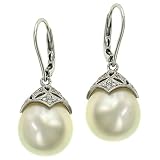 Pave & White South Sea Pearl Leverback Earrings.19cttw