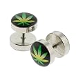 Stainless Steel Fake Plugs with Pot Leaf Logo - 16G Wire (Sold as a Pair) Stainless Steel Fake Plugs with Pot Leaf Logo - 16G Wire (Sold as a Pair)