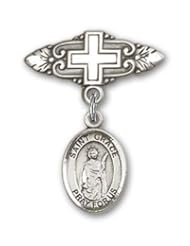 Sterling Silver Baby Badge with St. Grace Charm and Badge Pin with Cross