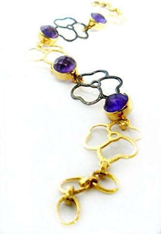 Very Trendy Two-Tone Link Chain Bracelet with floral pattern engraved with Amethyst