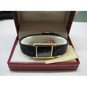Vintage/Antique watch: Pre-owned Women's Cartier Watch Vermeil Black Dial Tank Swiss Quartz 1980's