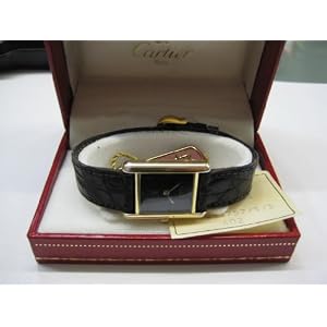 Vintage/Antique watch: Pre-owned Women's Cartier Watch Vermeil Black Dial Tank Swiss Quartz 1980's
