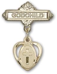 14kt Gold Baby Badge with Cross Charm and Godchild Badge Pin