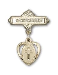 14K Gold Baby Badge with Cross Charm and Godchild Badge Pin