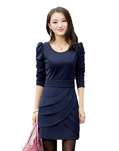 ナナコレクション Nana_Collection 2015 秋 ワンピース きれいめ ミニ パフスリーブ レディース 長袖 スリム タイト紺 赤