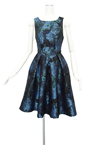 花柄 フレアー ワンピース ノースリーブ 紺 緑 ノースリーブ Mサイズ