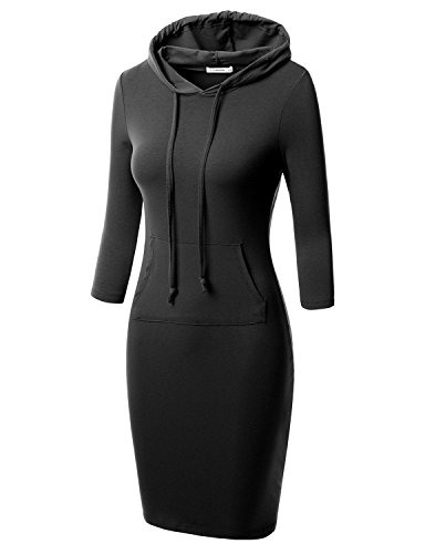 J.TOMSON Women's Bodycon 3/4 Raglan Sleeve Hoodie Dress with Kangaroo Pockets BLACK XL