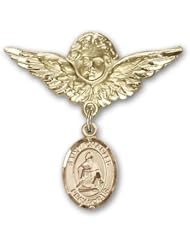 Gold Filled Baby Badge with St. Charles Borromeo Charm and Angel w/Wings Badge Pin