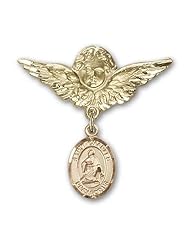 14K Gold Baby Badge with St. Charles Borromeo Charm and Angel with Wings Badge Pin