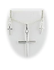 Sterling Silver Textured Cross Pendant Earrings Cable Chain 16, 18, 20, 22 Inch