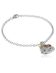 Hello Kitty Girls "Princess Pave" Sterling Silver Pave Crystal Face Pink Crystal Bow Yellow Gold Plated Crown Charm Bracelet, 7"