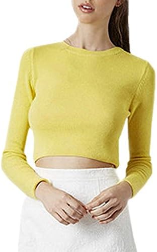 Herrew Women's Long Sleeve Knit Thermal Crop Tops Sweater Blouse (Yellow,M)