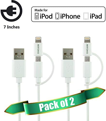 [Apple MFi Certified, Pack of 2] MYOHO short 10 inch Universal 2-in-1 Charge &amp; Sync Cable MicroUSB, MFi 8 pin connectors for Apple, Android; iphone 6s, 6sPlus, iphone 6, 5S, Samsung S6, S7, ipad air