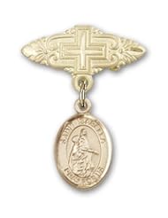 14K Gold Baby Badge with St. Isabella of Portugal Charm and Badge Pin with Cross