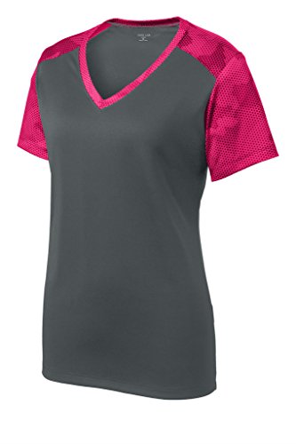 Joe's USA(tm) Ladies V-Neck CamoHex Athletic Shirt-Iron Grey/ Pink-L