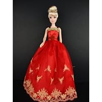 Red Ball Gown with Gold Accents Red Flower At Waist Made to Fit the Barbie Doll