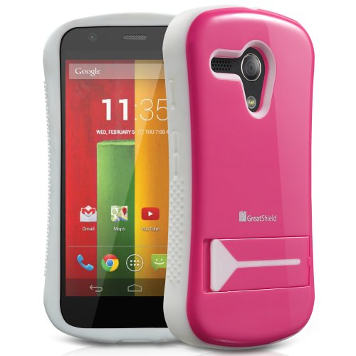 GreatShield Guardian Hybrid Case Protective Cover with Kickstand for Motorola Moto G (1st Generation Only) - Retail Packaging (Pink/ White)