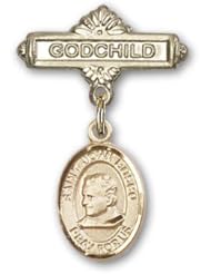 Gold Filled Baby Badge with St. John Bosco Charm and Godchild Badge Pin