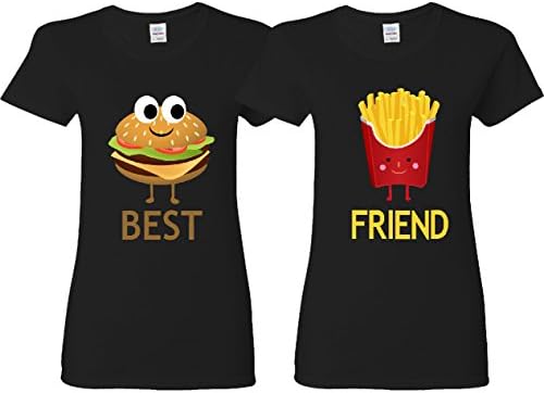 Cute Best Friend T-Shirts - Burger and Fries - BFFs Matching Shirts, Black - Left L - Right L