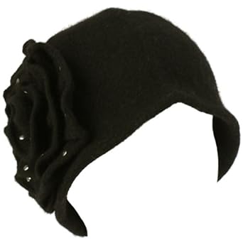 100% Wool Winter Cloche Crushable Foldable Bucket Big Flower Church Hat Black