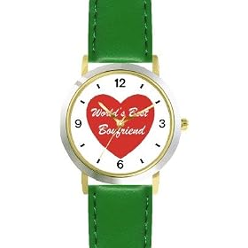 Red Heart - World's Best Boyfriend - Love & Friendship Theme - WATCHBUDDY® DELUXE TWO-TONE THEME WATCH - Arabic Numbers - Green Leather Strap-Size-Large ( Men's Size or Jumbo Women's Size )