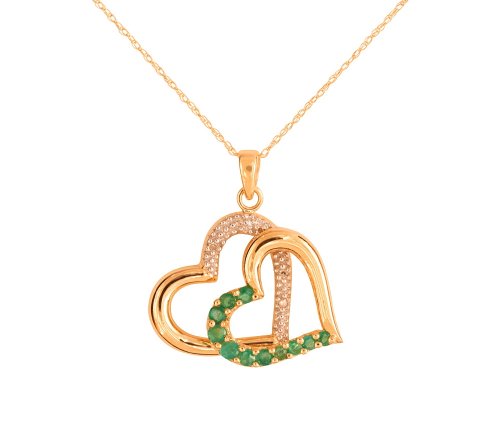10k Yellow Gold Emerald and Diamond Double Heart Pendant, 18