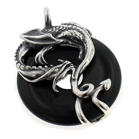 Sterling Silver Coiled Dragon on Black Onyx Pendant by