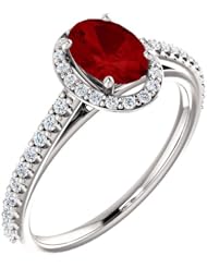 Platinum 7.00x5.00mm Oval Cut Ruby and Diamond Halo-Style Ring -- LIFETIME WARRANTY