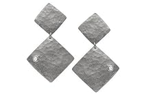 14K White Gold Hammered-Finish Matte Diamond-Shape Drop Earrings, Enhanced with Bezel Set Diamonds.14K White Gold Hammered-Finish Matte Diamond-Shape Drop Earrings, Enhanced with Bezel Set Diamonds.