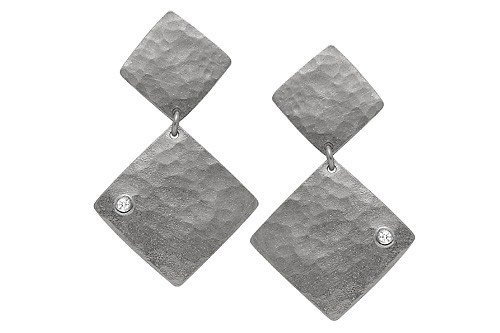 14K White Gold Hammered-Finish Matte Diamond-Shape Drop Earrings, Enhanced with Bezel Set Diamonds.14K White Gold Hammered-Finish Matte Diamond-Shape Drop Earrings, Enhanced with Bezel Set Diamonds.