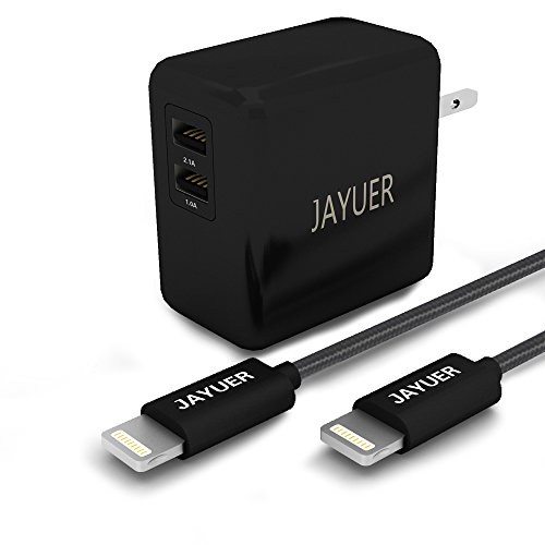 Jayuer Dual Port USB Wall Charger with 6ft 10ft lightning cable(Black)