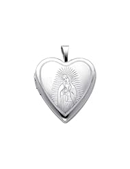 Sterling Silver Engraved Our Lady Guadalupe Heart Locket Pendant (0.8" or 20mm Height)