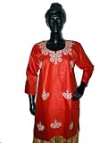 Christmas Saleparty Wear Red Silk Tunic Kurti Bolloywood Fashion Casual Dresses Silver Hand Embroidery Size L