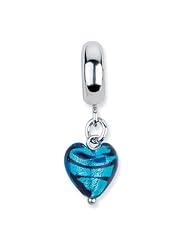 Sterling Silver s Blue Heart Stripes Ital Murano Dangle Bead by Reflection Beads, Best Quality Free Gift Box Satisfaction Guaranteed