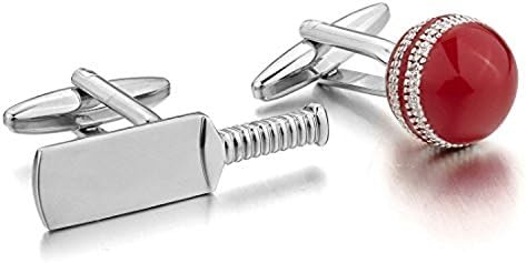 Men's 2 PCS Rhodium Plated Cufflinks Red Cricket Bat Racket
