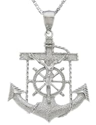Solid 0.925 Sterling Silver Ships Anchor With Crucifix Pendant Necklace