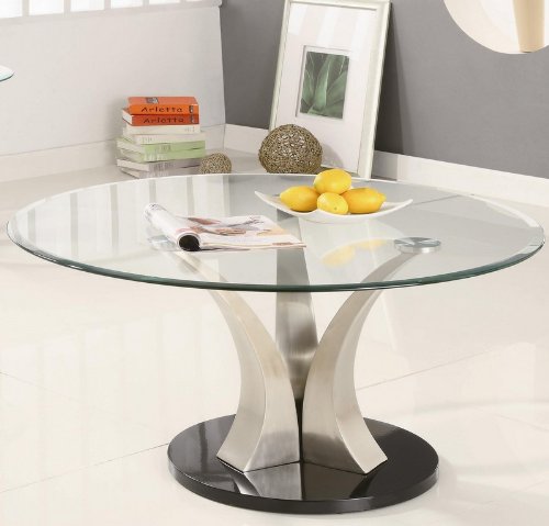 Coffee Table with Round Glass Top in Silver and Black Metal Base