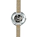 Cacharel - Montre Femme Acier - CW5305XY2 - Quartz Analogique - Cadran Noir Motif Floral - Bracelet Cuir Cr&egrave;me