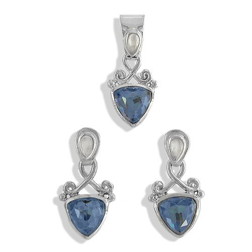 Sterling Silver Blue Quartz Titanium Backed Crystal and Moonstone Pendant and Earrings Set by Sajen