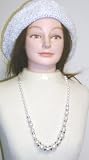 One Strand Graduated Ivory Pearl Separated By Silver Discs Medium Chain Necklace and Earrings for Women and Teens Offered in Combination with Hand Crocheted White Chenille and Gimp Tweed Hat