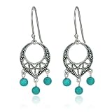 Sterling Silver Marcasite and Created Turquoise Bead Dangle Wire Earrings
