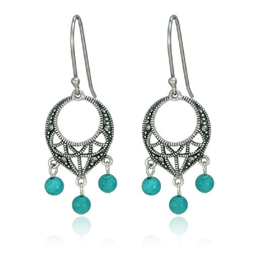 Sterling Silver Marcasite and Created Turquoise Bead Dangle Wire Earrings