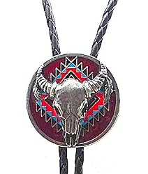 Buffalo Skull Head Red Enamel Bolo Tie