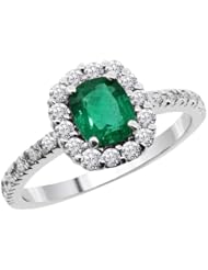 0.90 Ct Natural Cushion Cut Green Emerald and White Diamonds 14K White Gold Ring