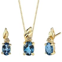 Gorgeously Sophisticated 2.00 cts Oval Checkerboard London Topaz Diamond Pendant Earrings Set 14Kt Yellow Gold